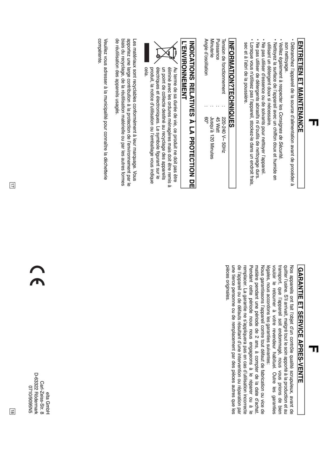 Elta 9095N5 Entretien ET Maintenance, Information?Techniques, Indications Relatives À LA Protection DE L’ENVIRONNEMENT 