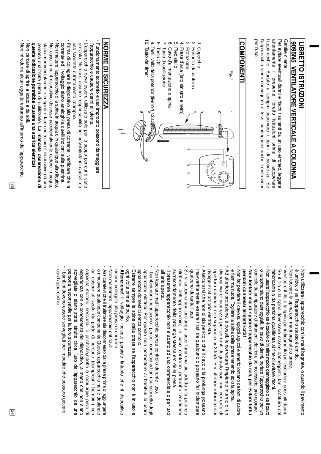 Elta instruction manual Libretto Istruzioni 9095N5 Ventilatore Verticale a Colonna, Componenti, Norme DI Sicurezza 