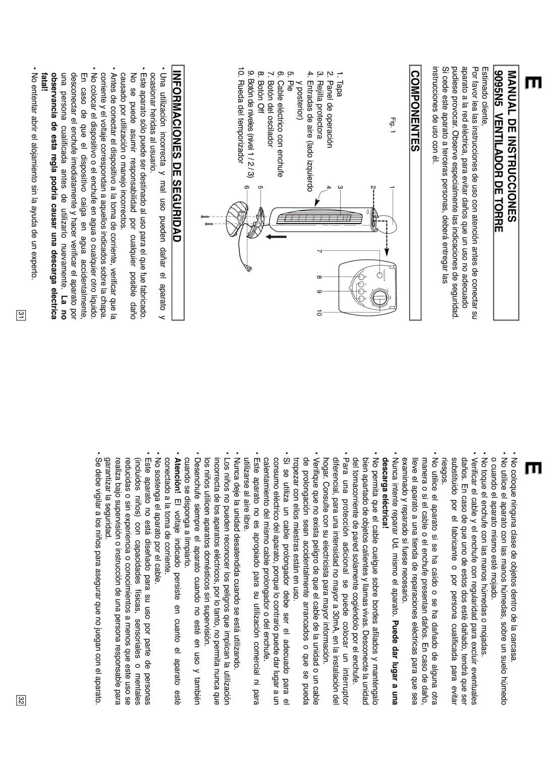 Elta instruction manual Manual DE Instrucciones 9095N5 Ventilador DE Torre, Componentes, Informaciones DE Seguridad 