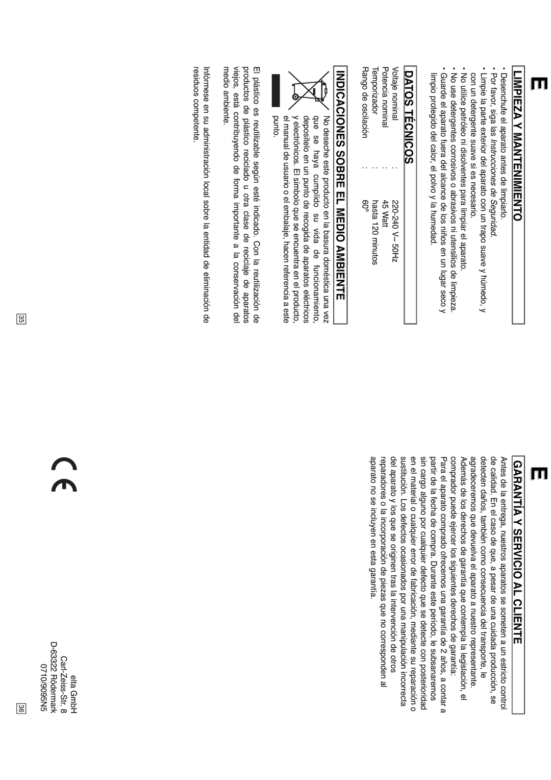 Elta 9095N5 Limpieza Y Mantenimiento, Datos Técnicos, Indicaciones Sobre EL Medio Ambiente, Garantía Y Servicio AL Cliente 