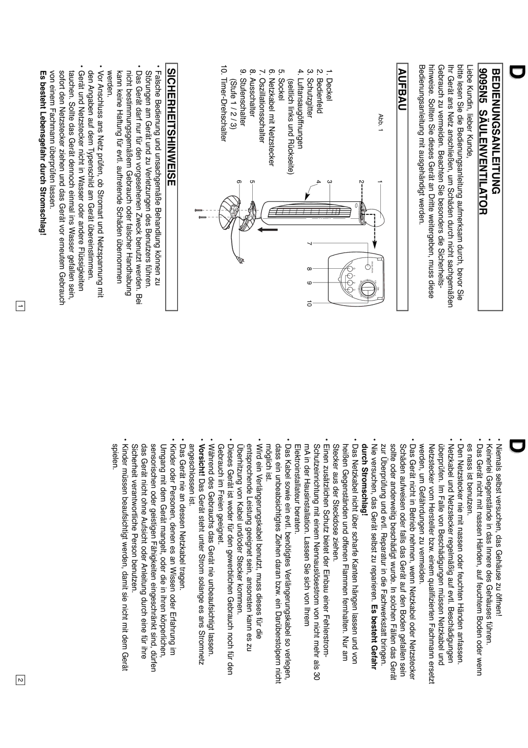 Elta instruction manual Bedienungsanleitung 9095N5 Säulenventilator, Aufbau, Sicherheitshinweise 