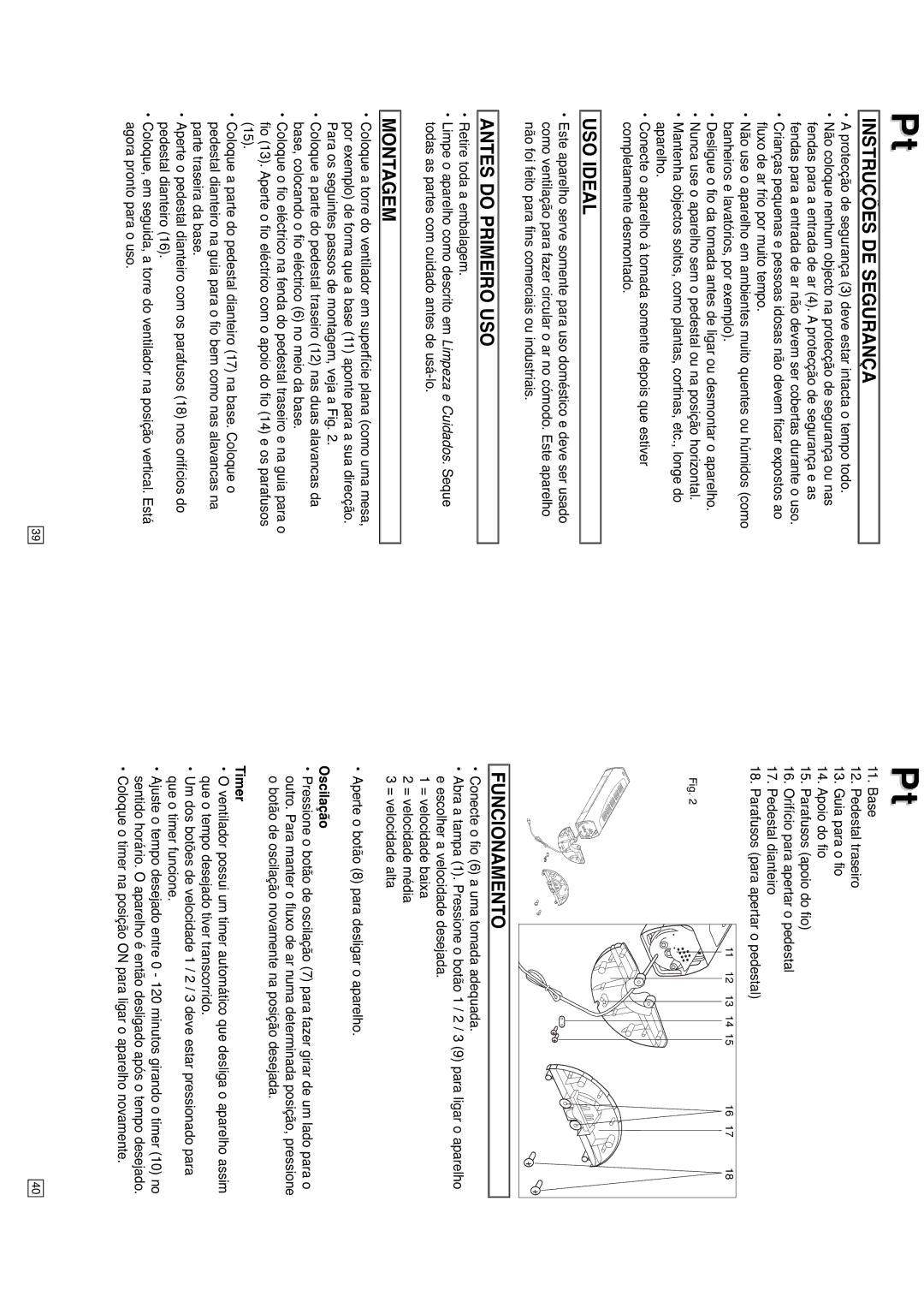 Elta 9095N5 instruction manual Instruções DE Segurança, Antes do Primeiro USO, Montagem, Funcionamento, Oscilação 