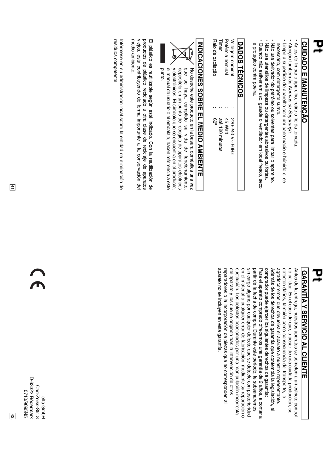 Elta 9095N5 instruction manual Cuidado E Manutenção, Dados Técnicos 