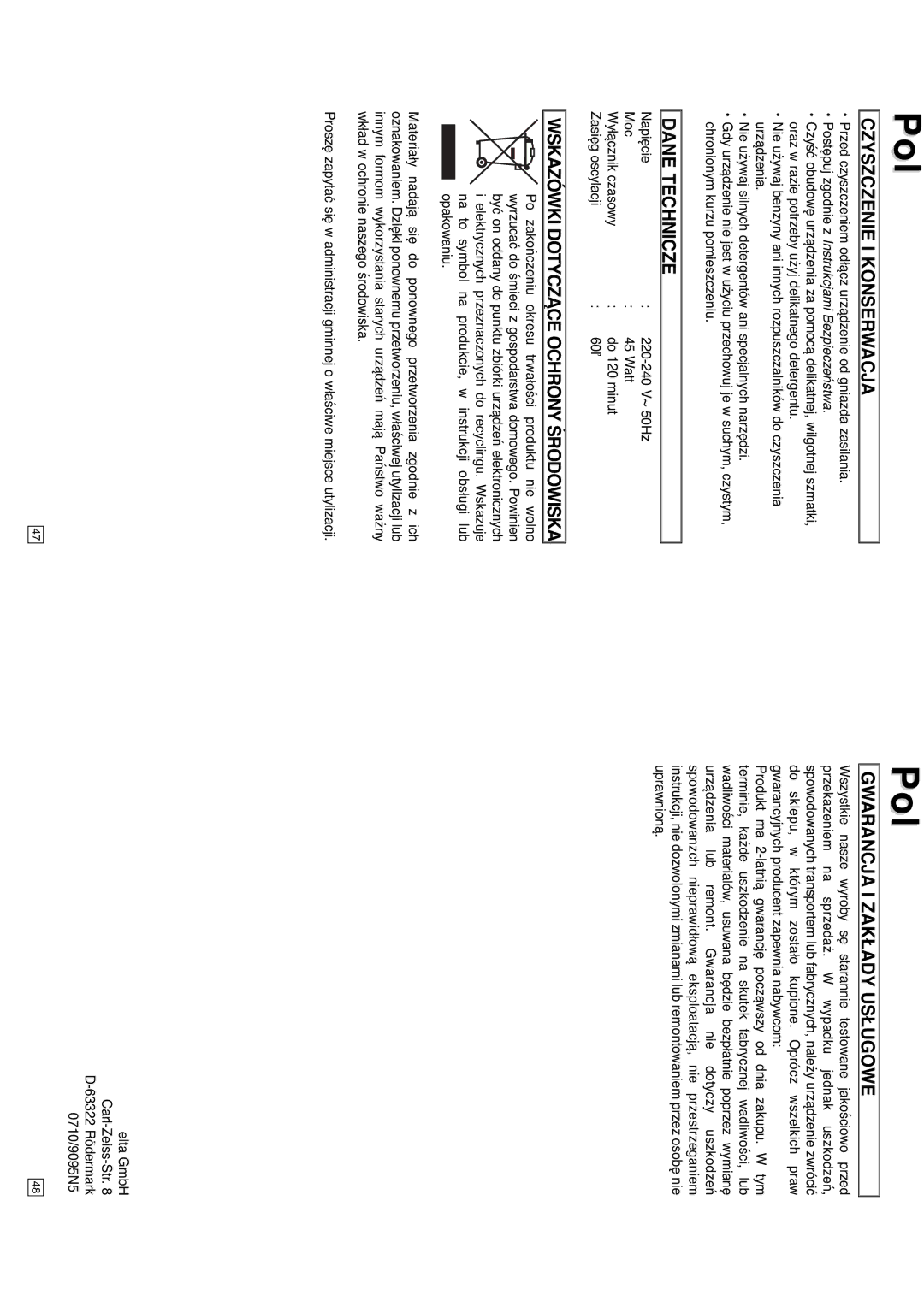 Elta 9095N5 instruction manual Czyszczenie I Konserwacja, Dane Technicze, Wskazówki Dotyczące Ochrony Środowiska 