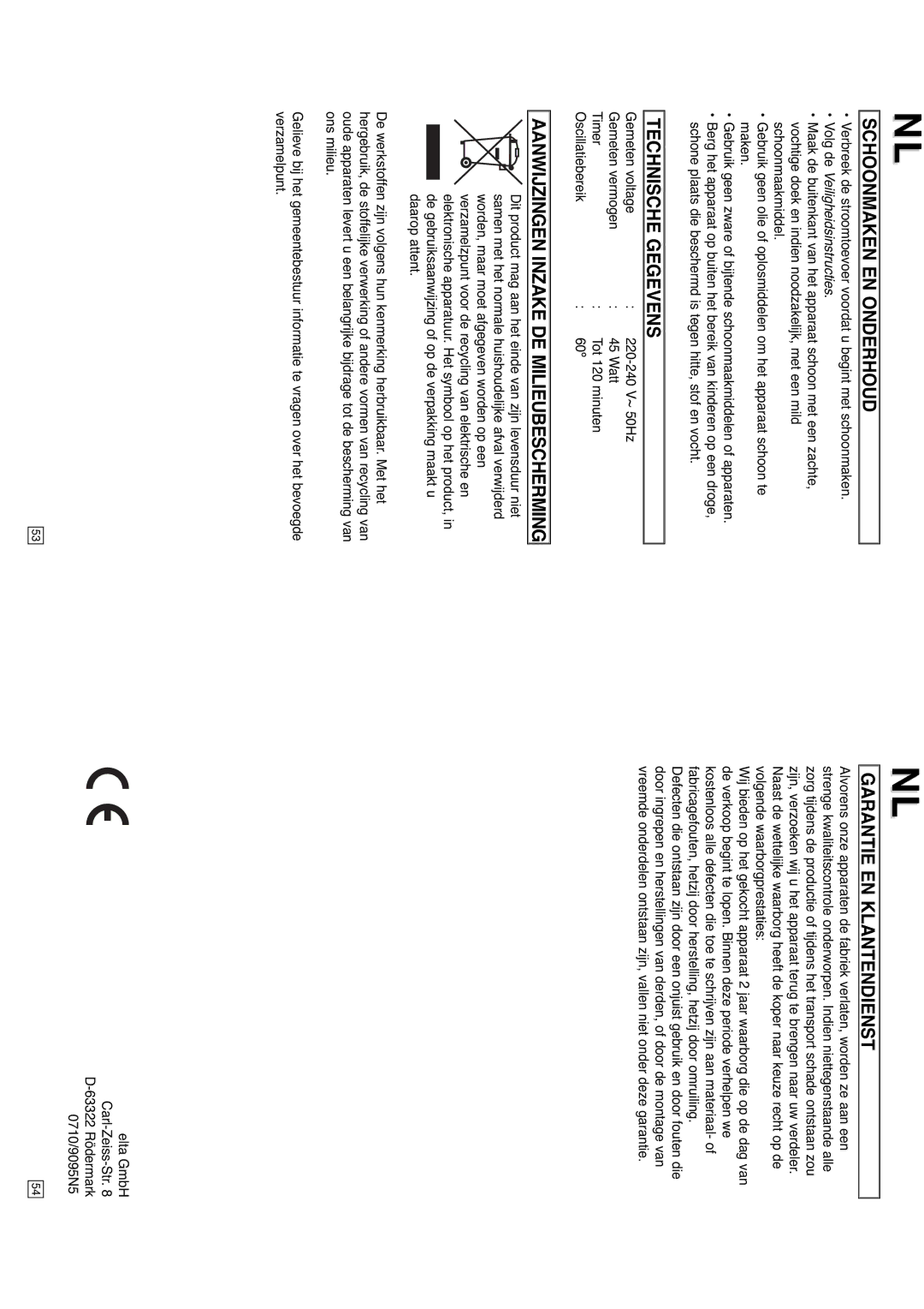 Elta 9095N5 instruction manual Schoonmaken EN Onderhoud, Technische Gegevens, Aanwijzingen Inzake DE Milieubescherming 