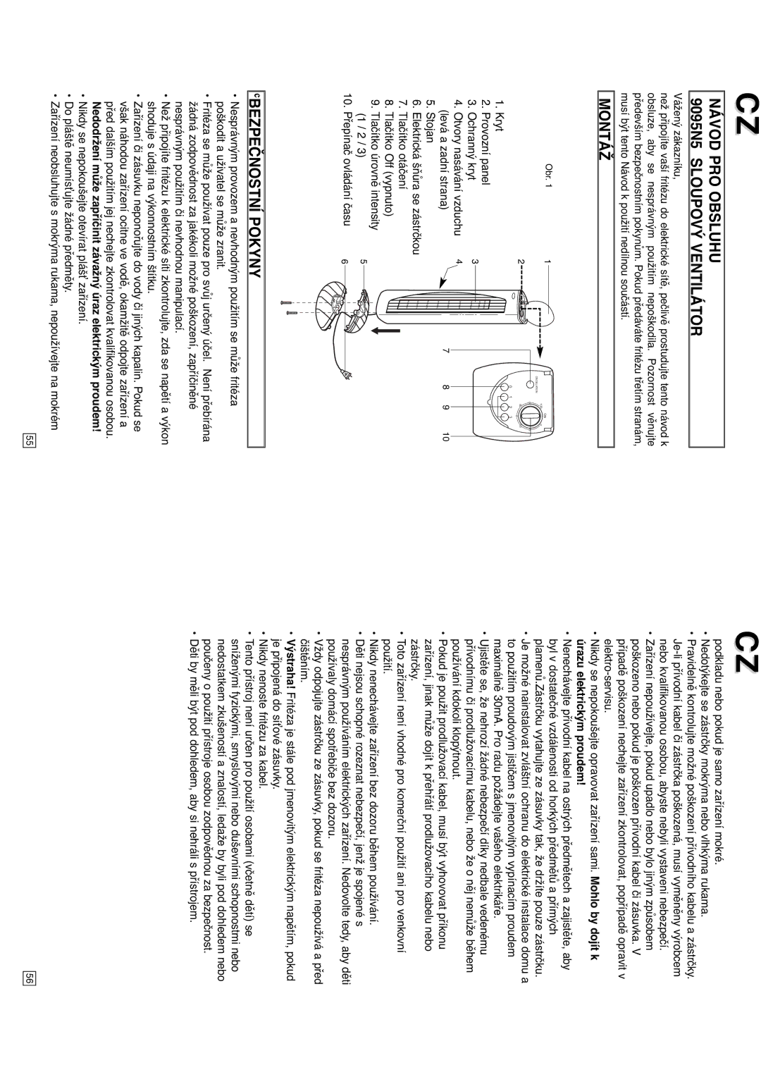 Elta Návod PRO Obsluhu 9095N5 Sloupový Ventilátor, Montáž, Nedodržení může zapříčinit závažný úraz elektrickým proudem 