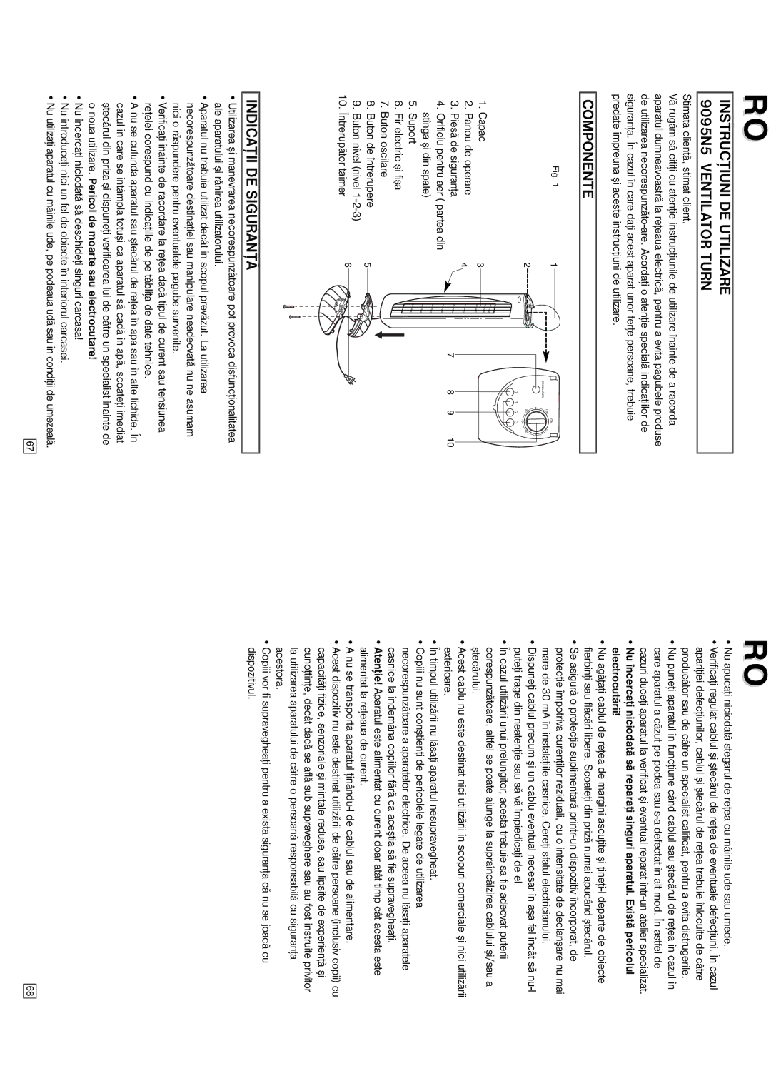 Elta instruction manual Instrucţiuni DE Utilizare 9095N5 Ventilator Turn, Componente, Indicaţii DE Siguranţă 