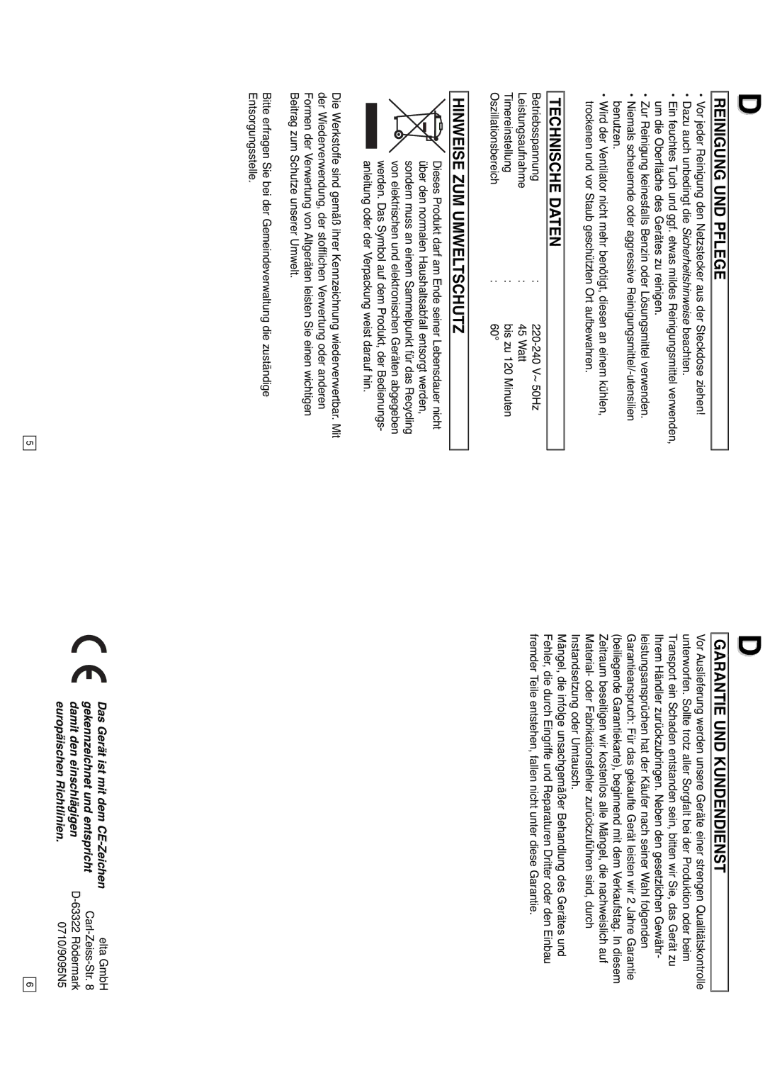 Elta 9095N5 instruction manual Reinigung UND Pflege, Technische Daten, Hinweise ZUM Umweltschutz, Garantie UND Kundendienst 