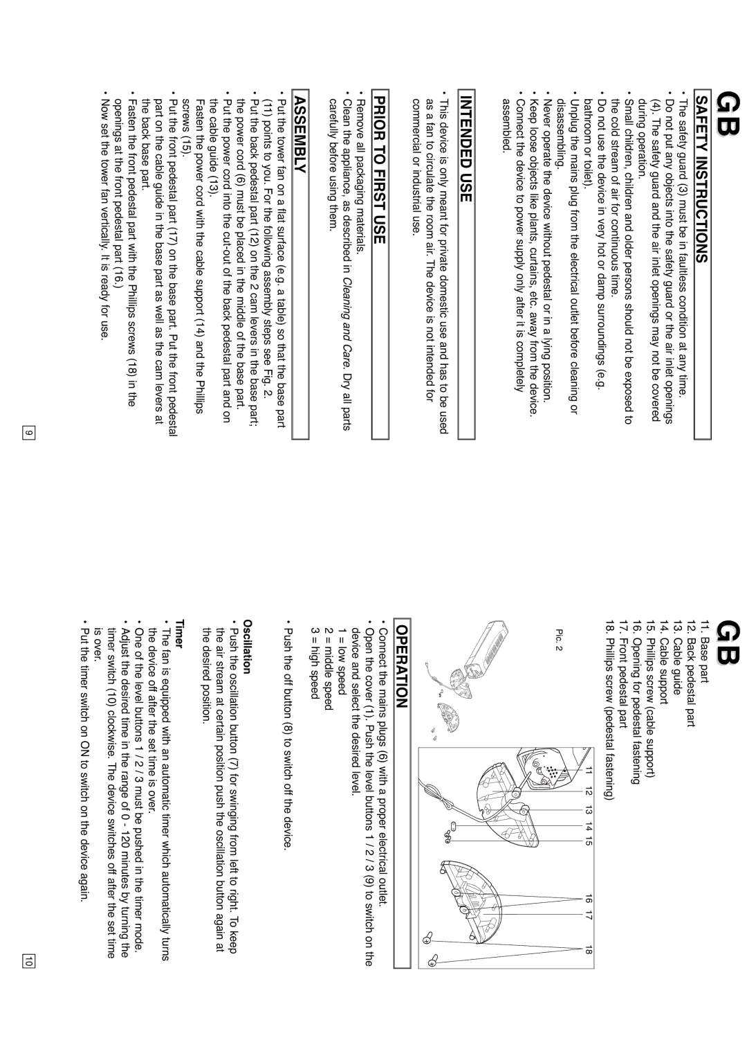 Elta 9095N5 instruction manual Safety Instructions, Intended USE, Prior to First USE, Operation, Oscillation 