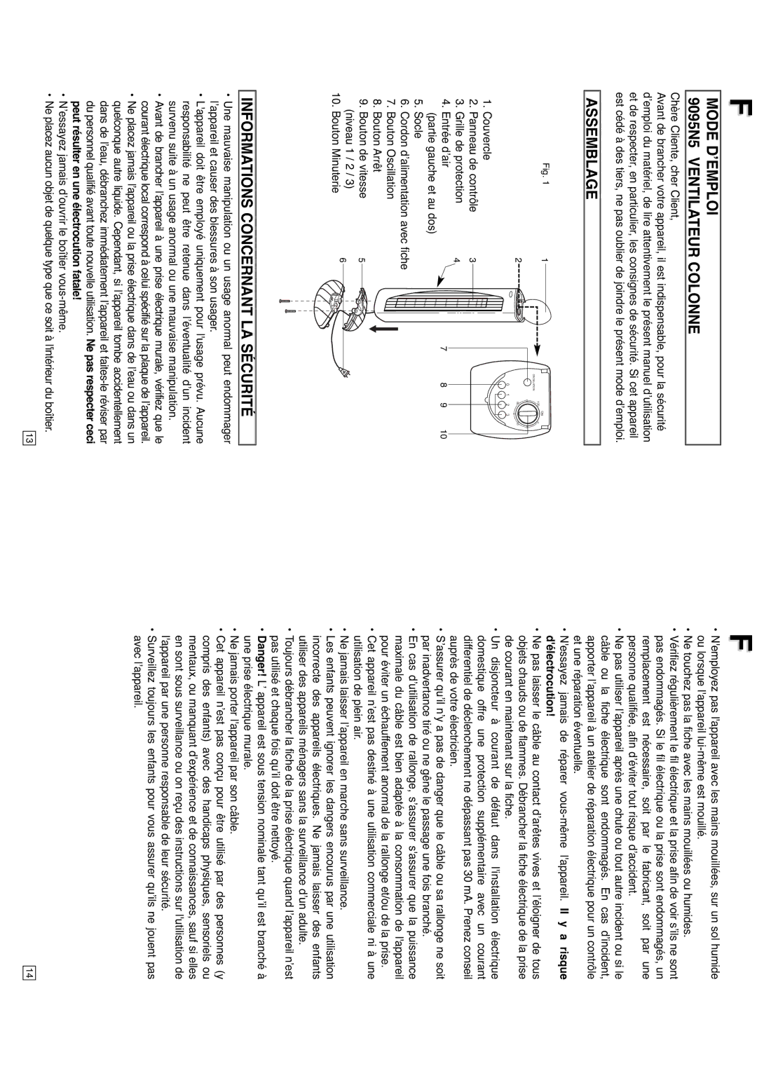 Elta instruction manual Mode D’EMPLOI 9095N5 Ventilateur Colonne, Assemblage, Informations Concernant LA Sécurité 