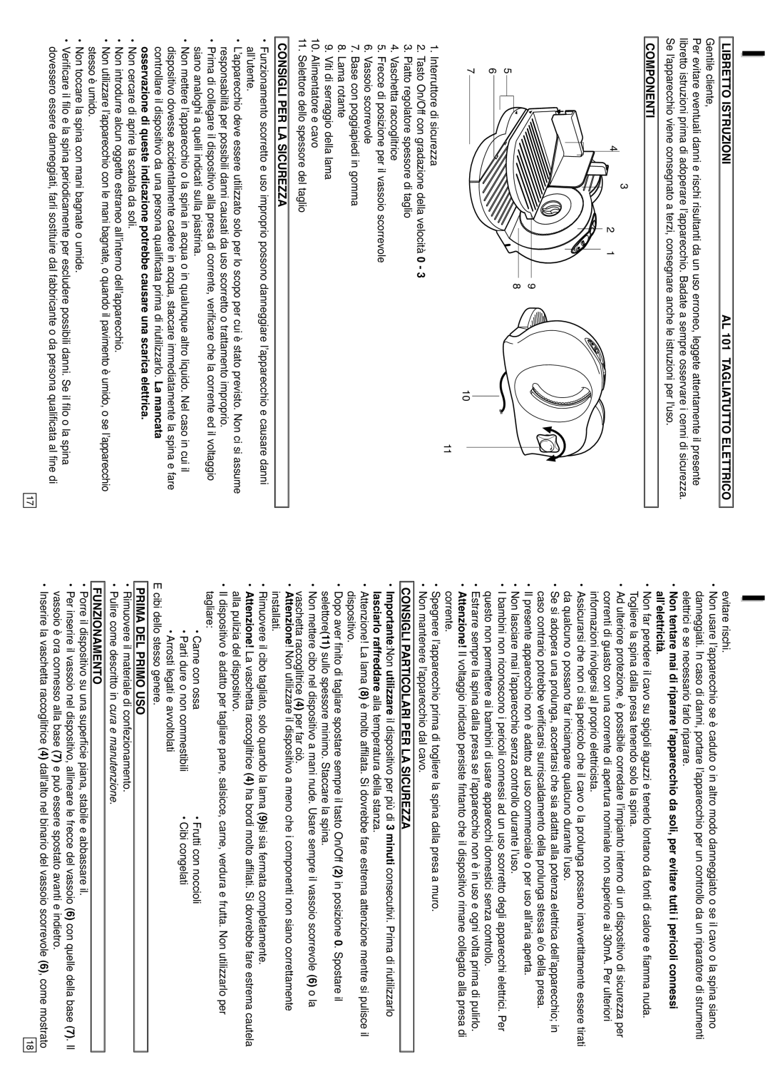 Elta AL101 Libretto Istruzioni AL 101 Tagliatutto Elettrico, Componenti, Consigli PER LA Sicurezza, Prima DEL Primo USO 