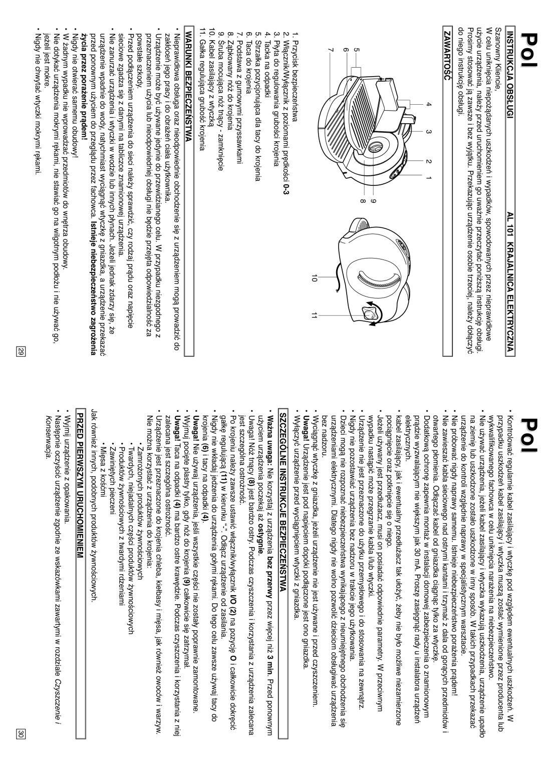 Elta AL101 instruction manual Instrukcja Obsługi AL 101 Krajalnica Elektryczna, Zawartość, Warunki Bezpieczeństwa 