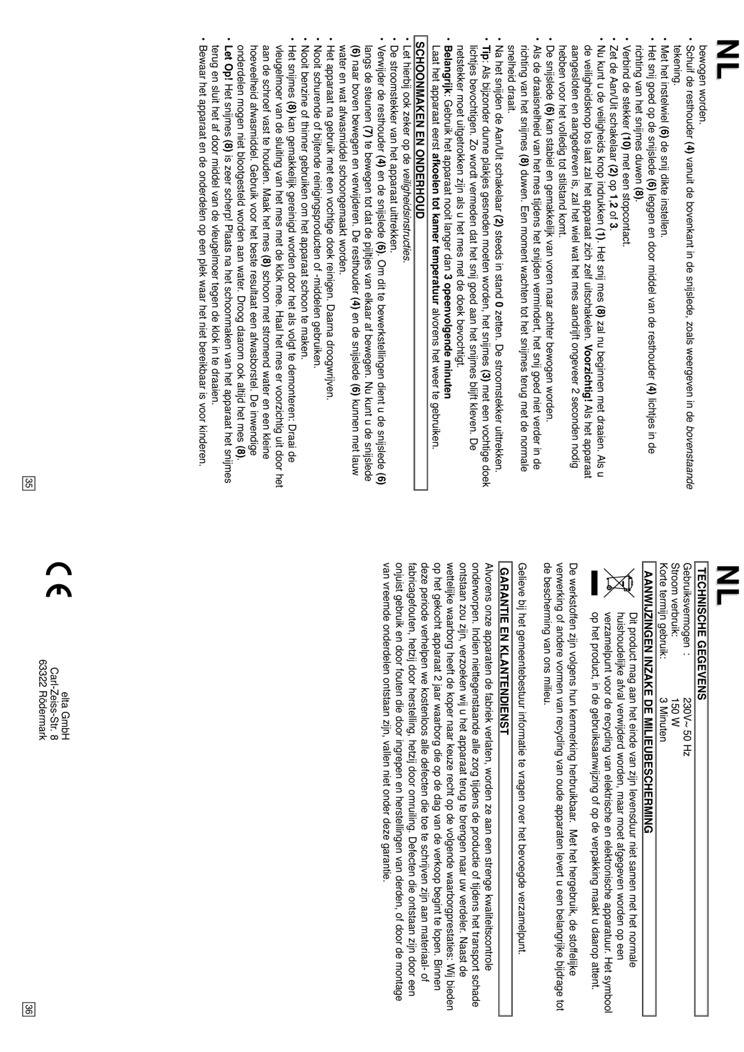 Elta AL101 instruction manual Schoonmaken EN Onderhoud, Technische Gegevens, Aanwijzingen Inzake DE Milieubescherming 