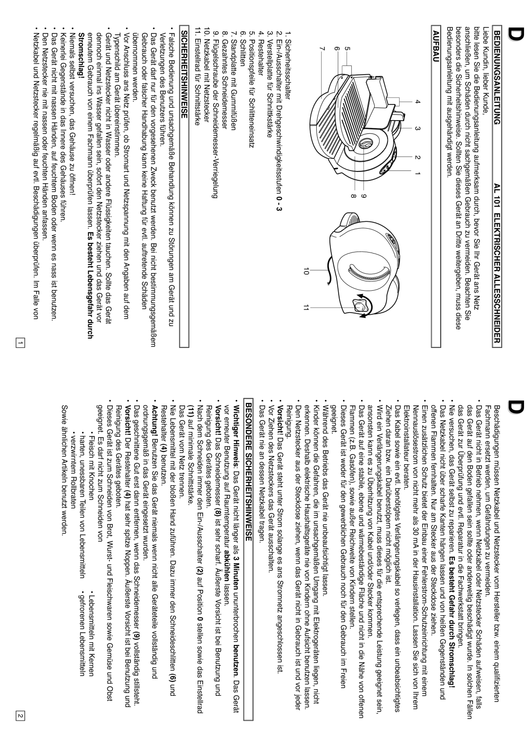 Elta AL101 instruction manual Bedienungsanleitung AL 101 Elektrischer Allesschneider, Aufbau, Sicherheitshinweise 