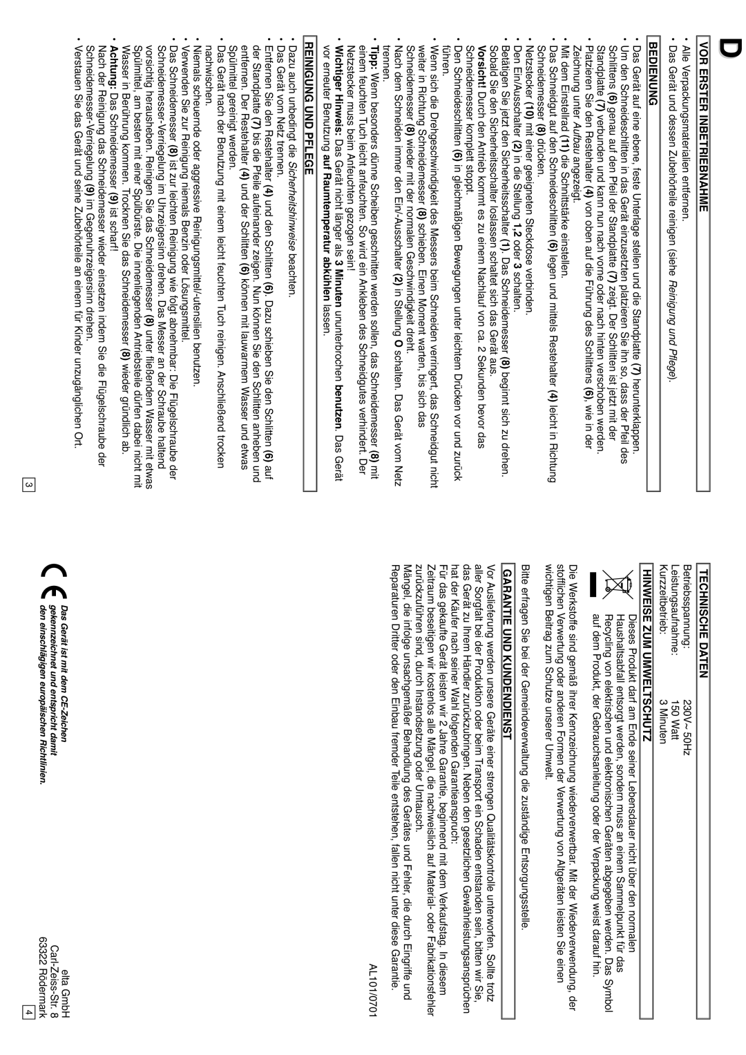 Elta AL101 VOR Erster Inbetriebnahme, Bedienung, Reinigung UND Pflege, Technische Daten, Hinweise ZUM Umweltschutz 