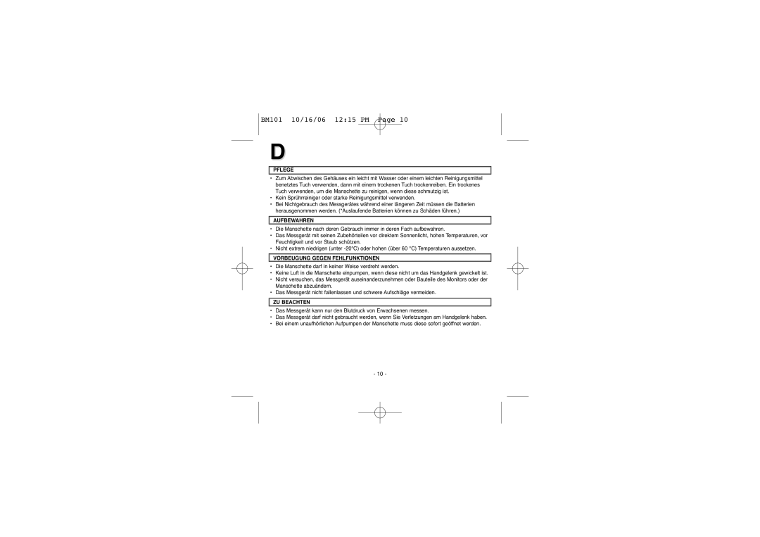 Elta BM-101 instruction manual Pflege, Aufbewahren, Vorbeugung Gegen Fehlfunktionen, ZU Beachten 