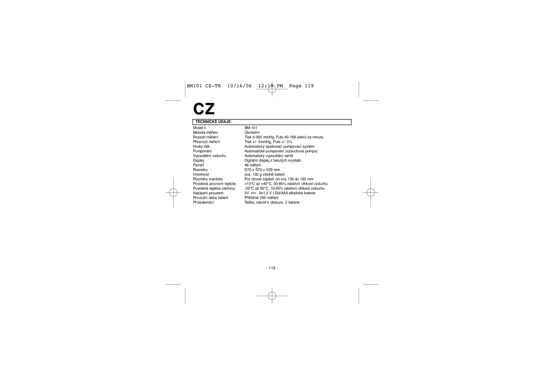 Elta BM-101 instruction manual Technické Údaje 