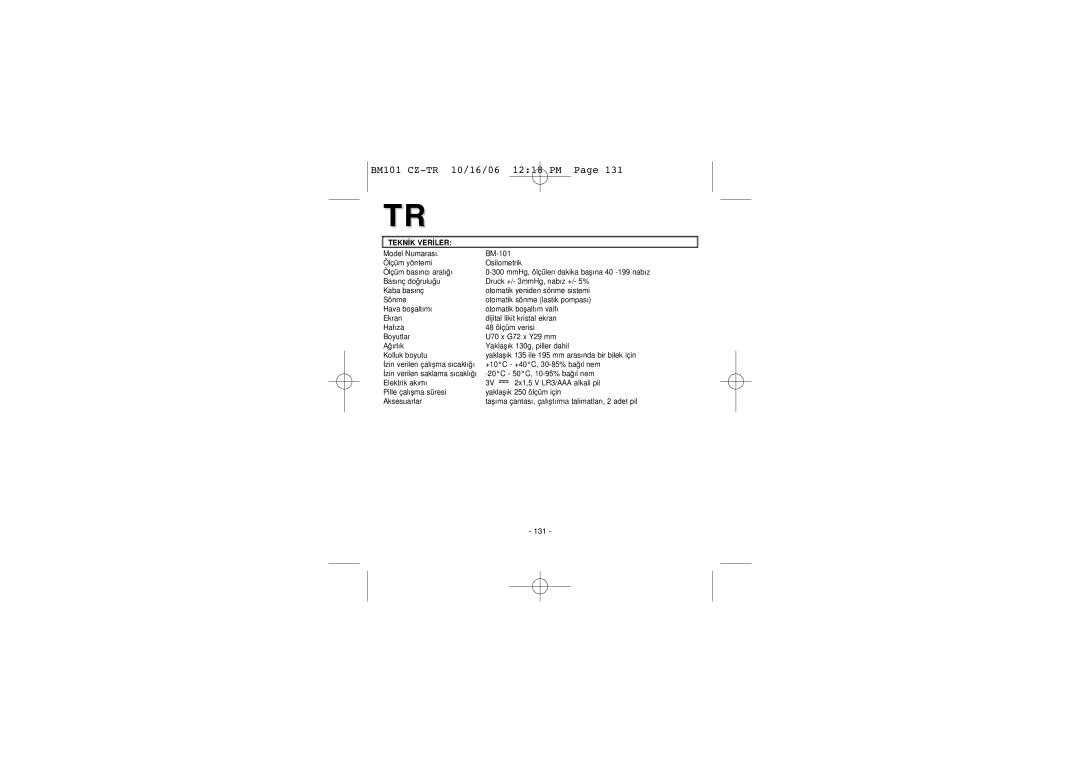 Elta BM-101 instruction manual Teknýk Verýler 