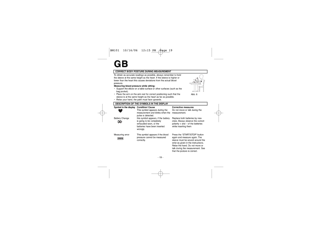 Elta BM-101 instruction manual Correct Body Posture During Measurement, Measuring blood pressure while sitting 