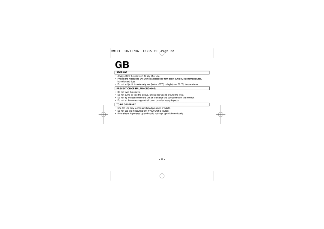 Elta BM-101 instruction manual Storage, Prevention of Malfunctioning, To be Observed 