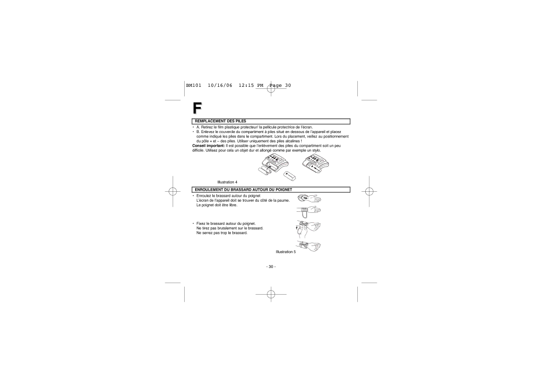 Elta BM-101 instruction manual Remplacement DES Piles, Enroulement DU Brassard Autour DU Poignet 