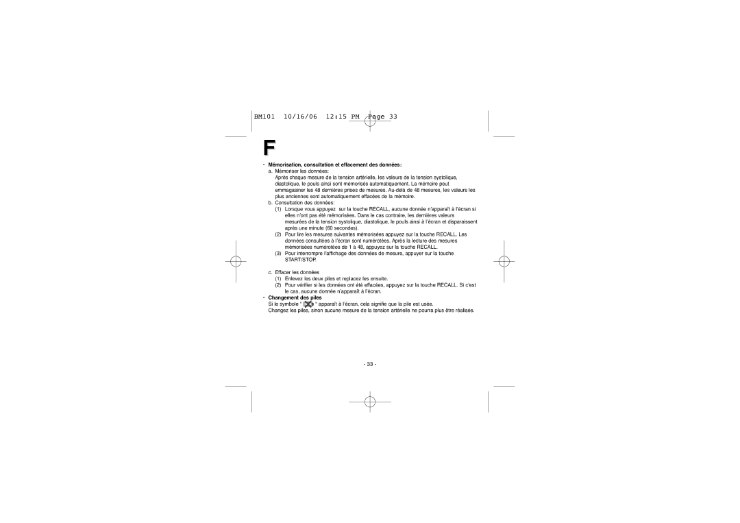 Elta BM-101 instruction manual Mémorisation, consultation et effacement des données, Changement des piles 