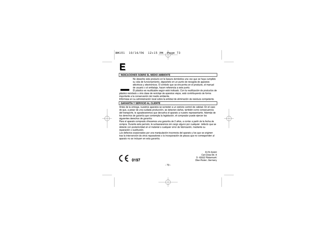 Elta BM-101 instruction manual Indicaciones Sobre EL Medio Ambiente, Garantía Y Servicio AL Cliente 