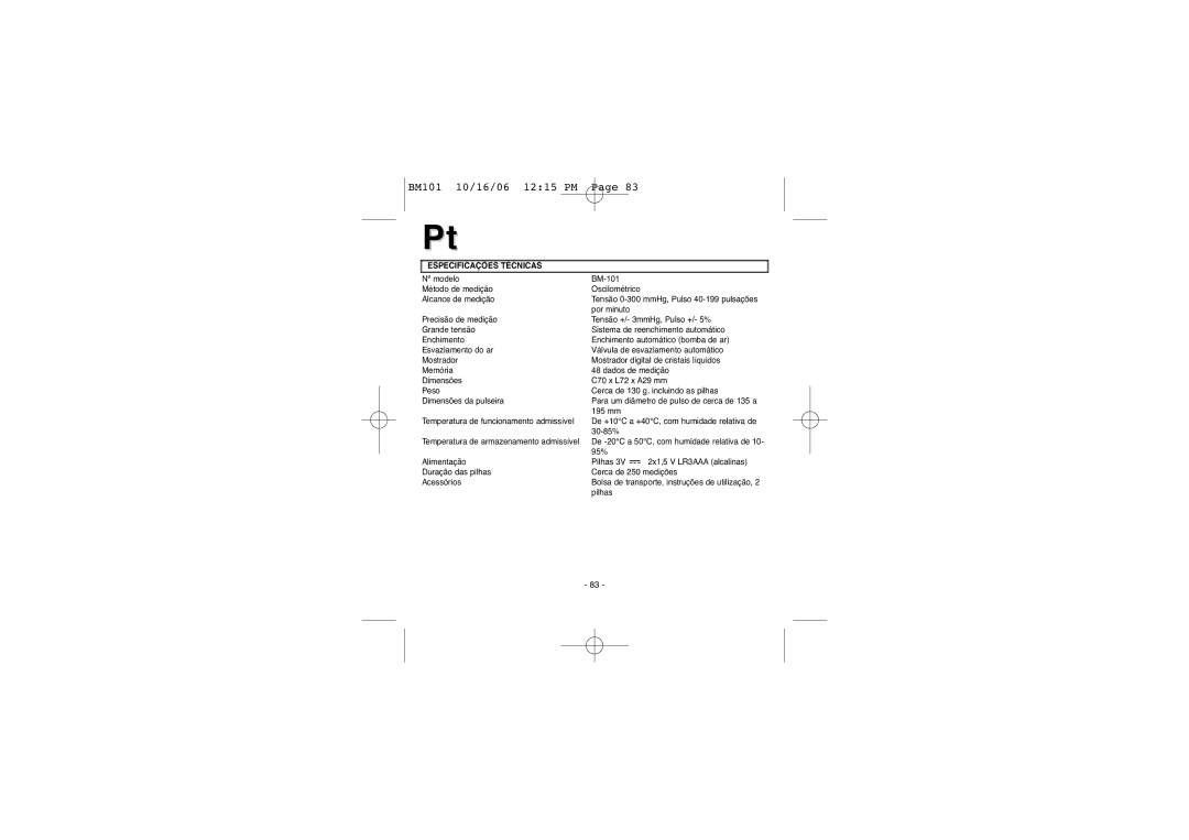 Elta BM-101 instruction manual Especificações Técnicas 