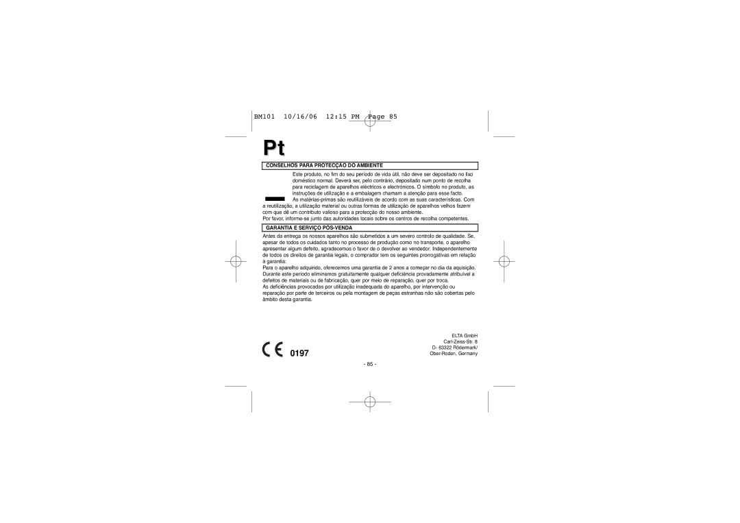 Elta BM-101 instruction manual Conselhos Para Protecção do Ambiente, Garantia E Serviço PÓS-VENDA 