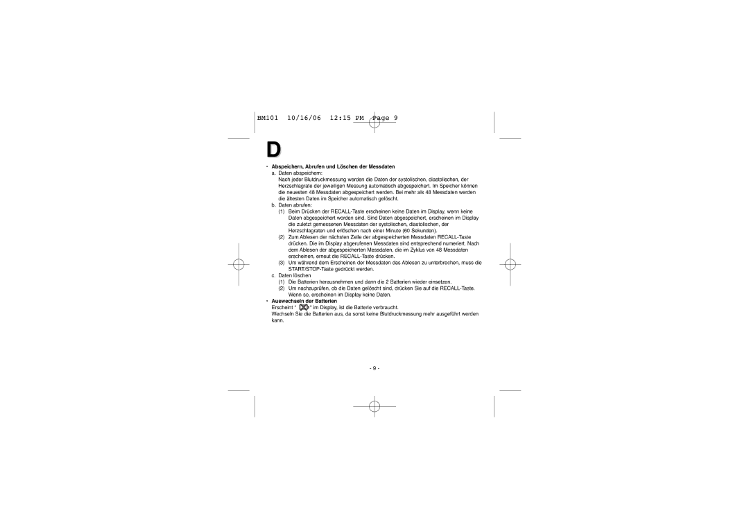 Elta BM-101 instruction manual Abspeichern, Abrufen und Löschen der Messdaten, Auswechseln der Batterien 