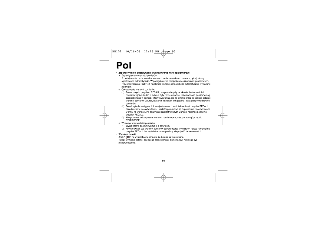 Elta BM-101 instruction manual Start/Stop, Wymiana baterii 