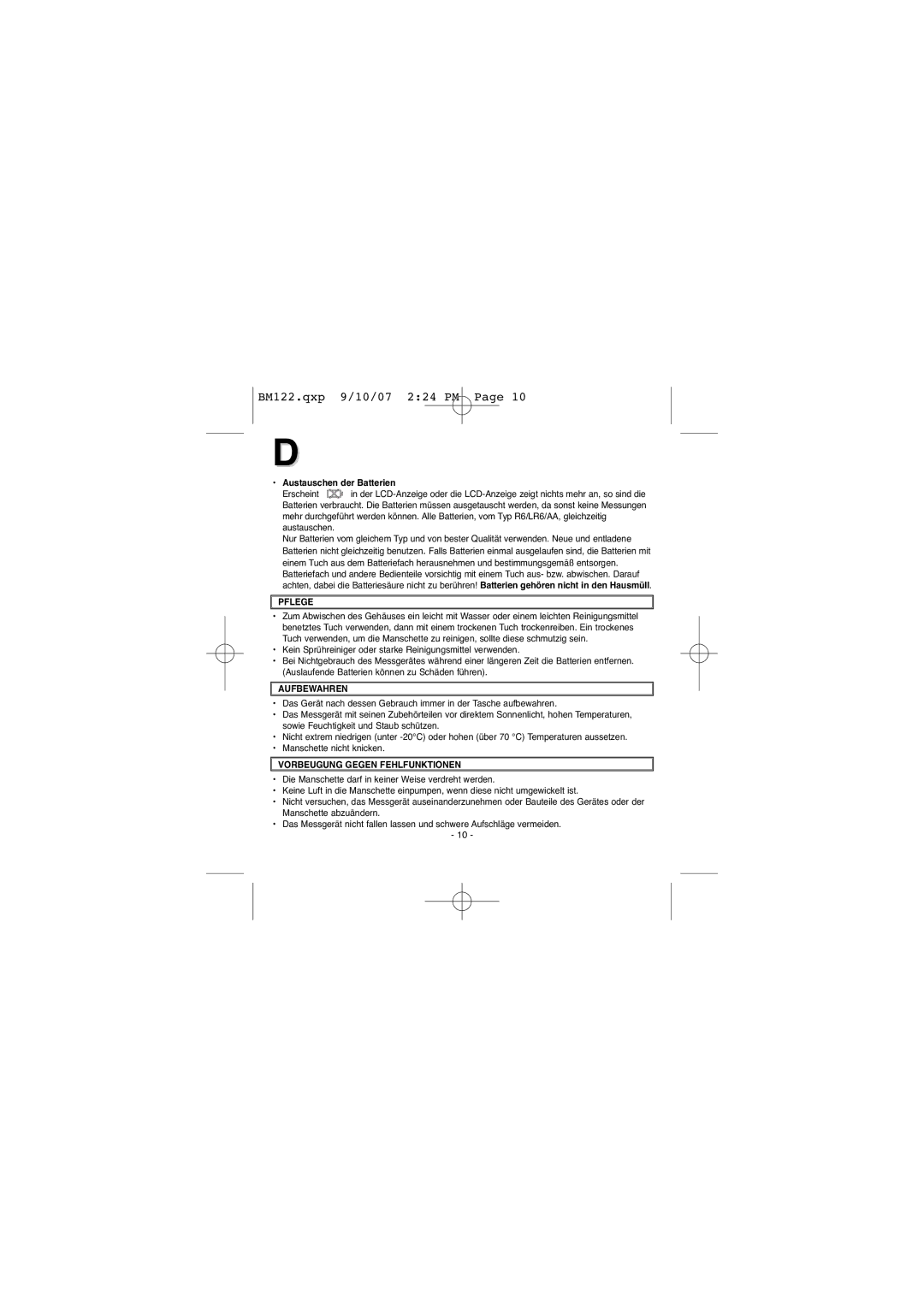 Elta BM122 instruction manual Austauschen der Batterien, Pflege, Aufbewahren, Vorbeugung Gegen Fehlfunktionen 