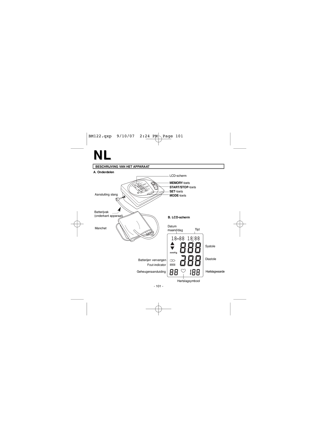 Elta BM122 instruction manual Beschrijving VAN HET Apparaat, Onderdelen, MEMORY-toets START/STOP-toets, LCD-scherm 