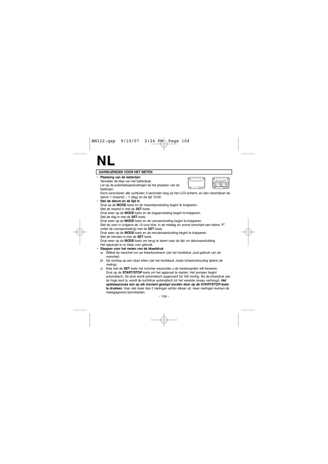 Elta BM122 instruction manual Aanwijzingen Voor HET Meten, Plaatsing van de batterijen, Stel de datum en de tijd 