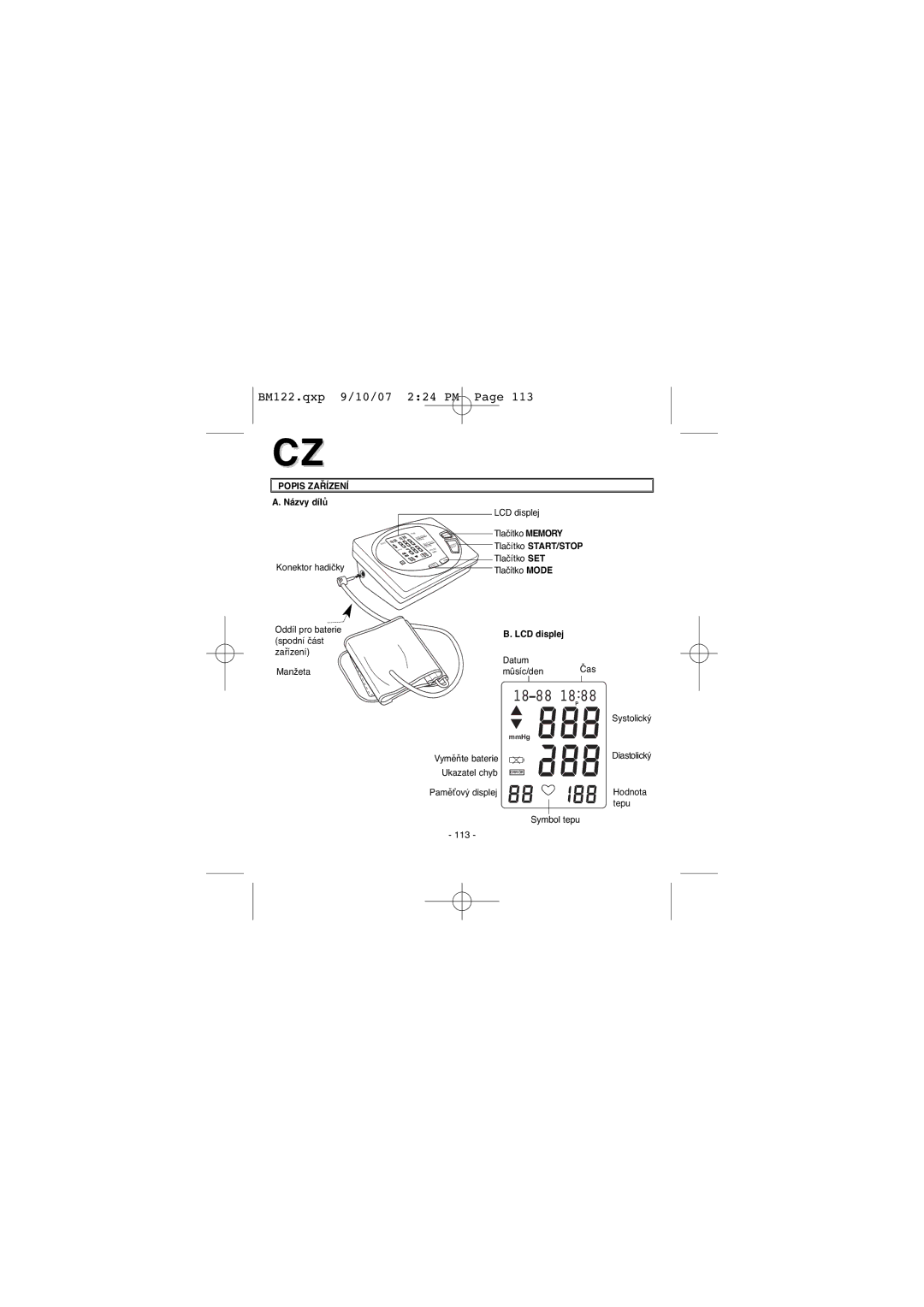 Elta BM122 instruction manual Popis Zařízení, Názvy dílů, Tlačítko START/STOP, LCD displej 