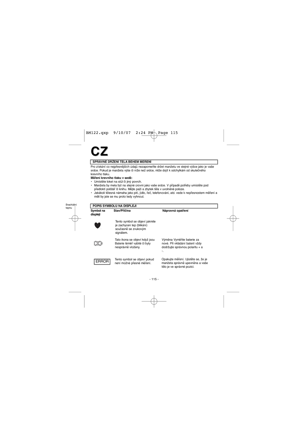 Elta BM122 instruction manual Správné Držení Těla Během Měření, Měření krevního tlaku v sedě, Popis Symbolů NA Displeji 