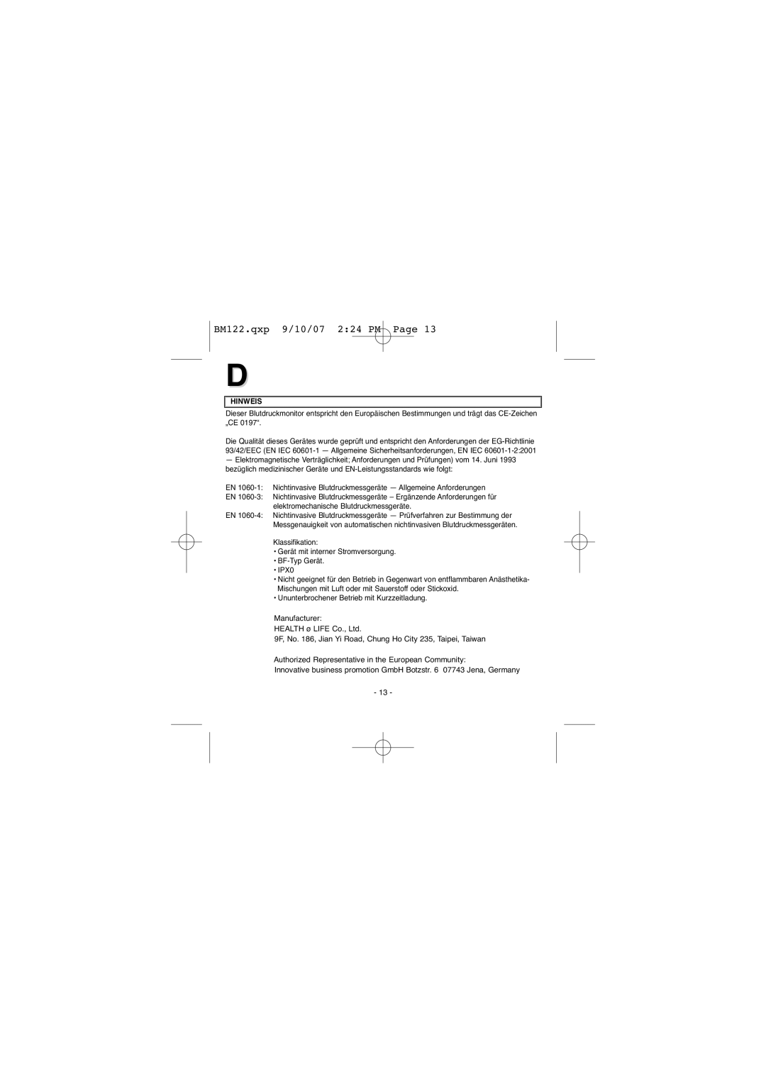 Elta BM122 instruction manual Hinweis 