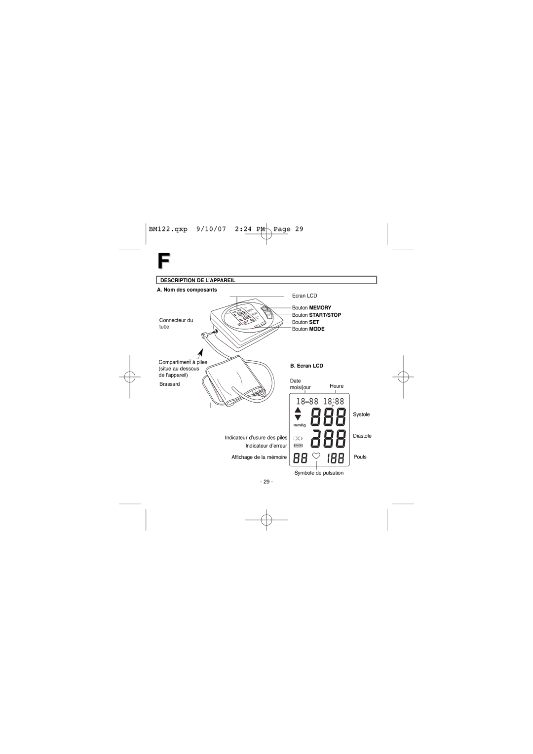 Elta BM122 instruction manual Description DE L’APPAREIL, Nom des composants, Bouton START/STOP, Ecran LCD 