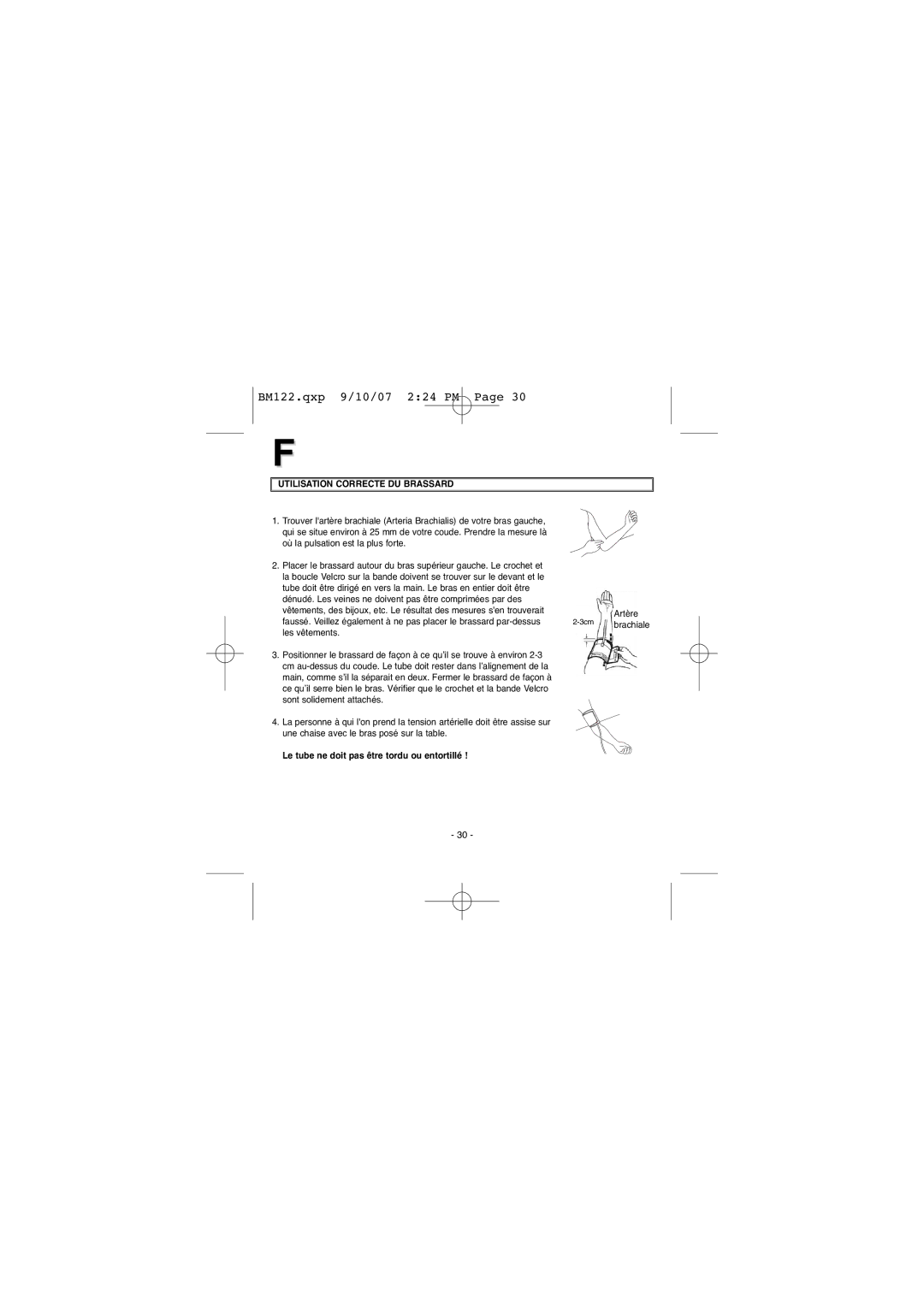 Elta BM122 instruction manual Utilisation Correcte DU Brassard, Le tube ne doit pas être tordu ou entortillé 