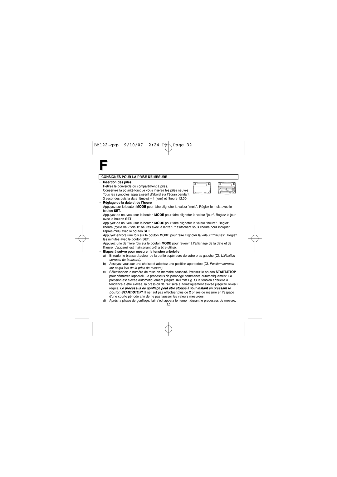 Elta BM122 instruction manual Consignes Pour LA Prise DE Mesure, Insertion des piles, Réglage de la date et de l’heure 