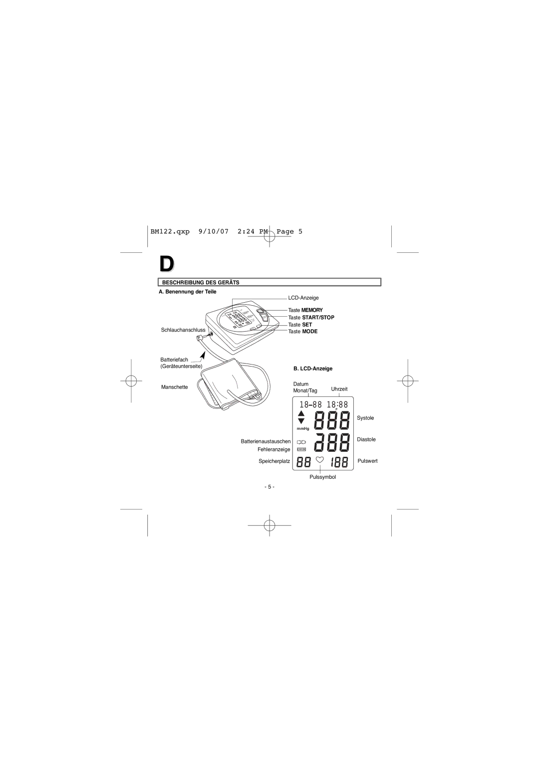 Elta BM122 instruction manual Beschreibung DES Geräts, Benennung der Teile, Taste START/STOP, LCD-Anzeige 