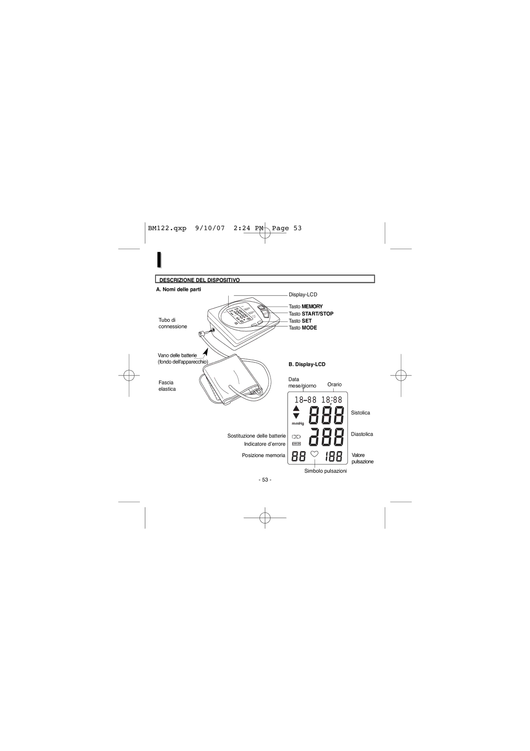 Elta BM122 instruction manual Descrizione DEL Dispositivo, Nomi delle parti, Tasto START/STOP, Display-LCD 