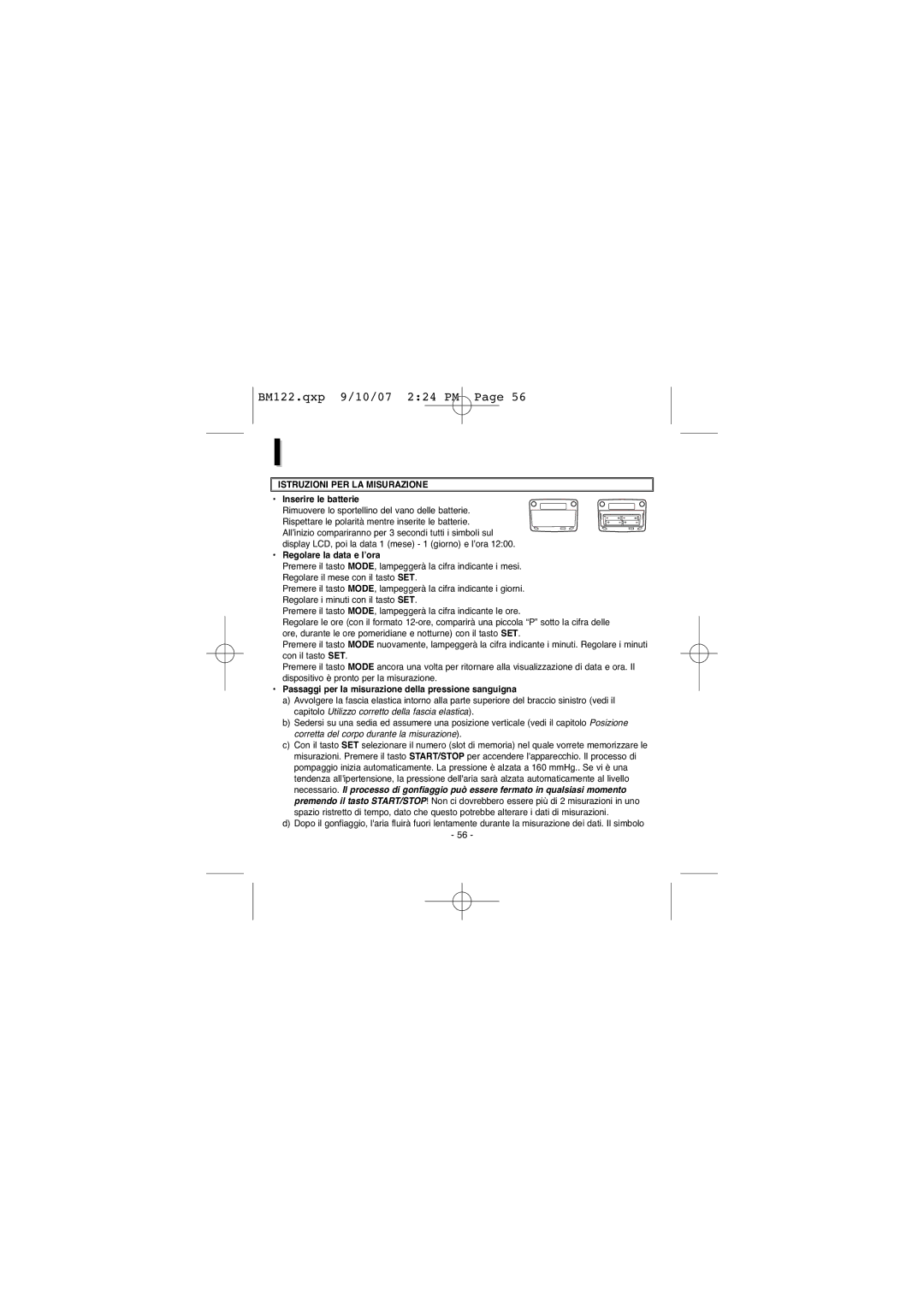 Elta BM122 instruction manual Istruzioni PER LA Misurazione, Inserire le batterie, Regolare la data e l’ora 