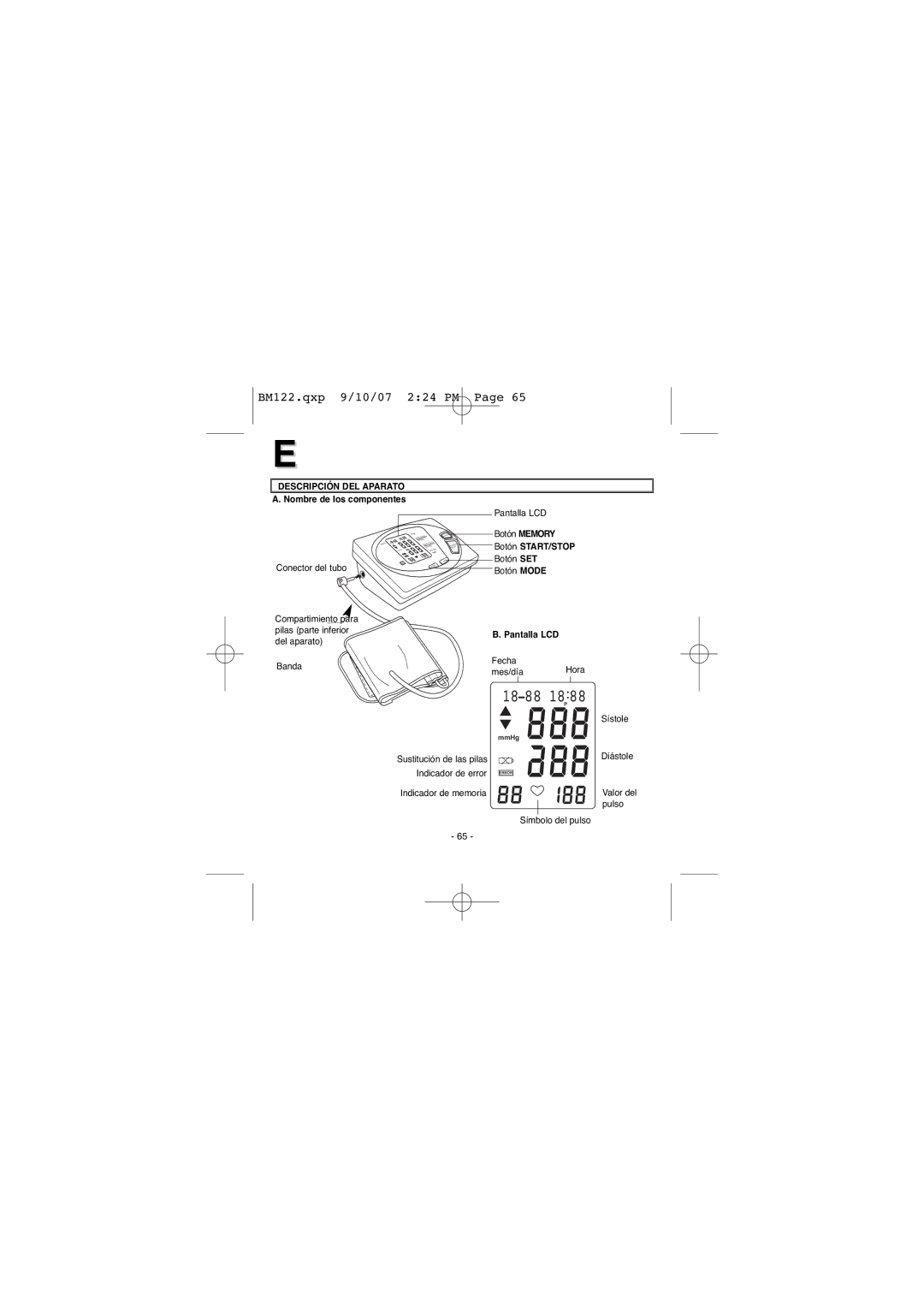 Elta BM122 instruction manual Descripción DEL Aparato, Nombre de los componentes, Botón START/STOP, Pantalla LCD 