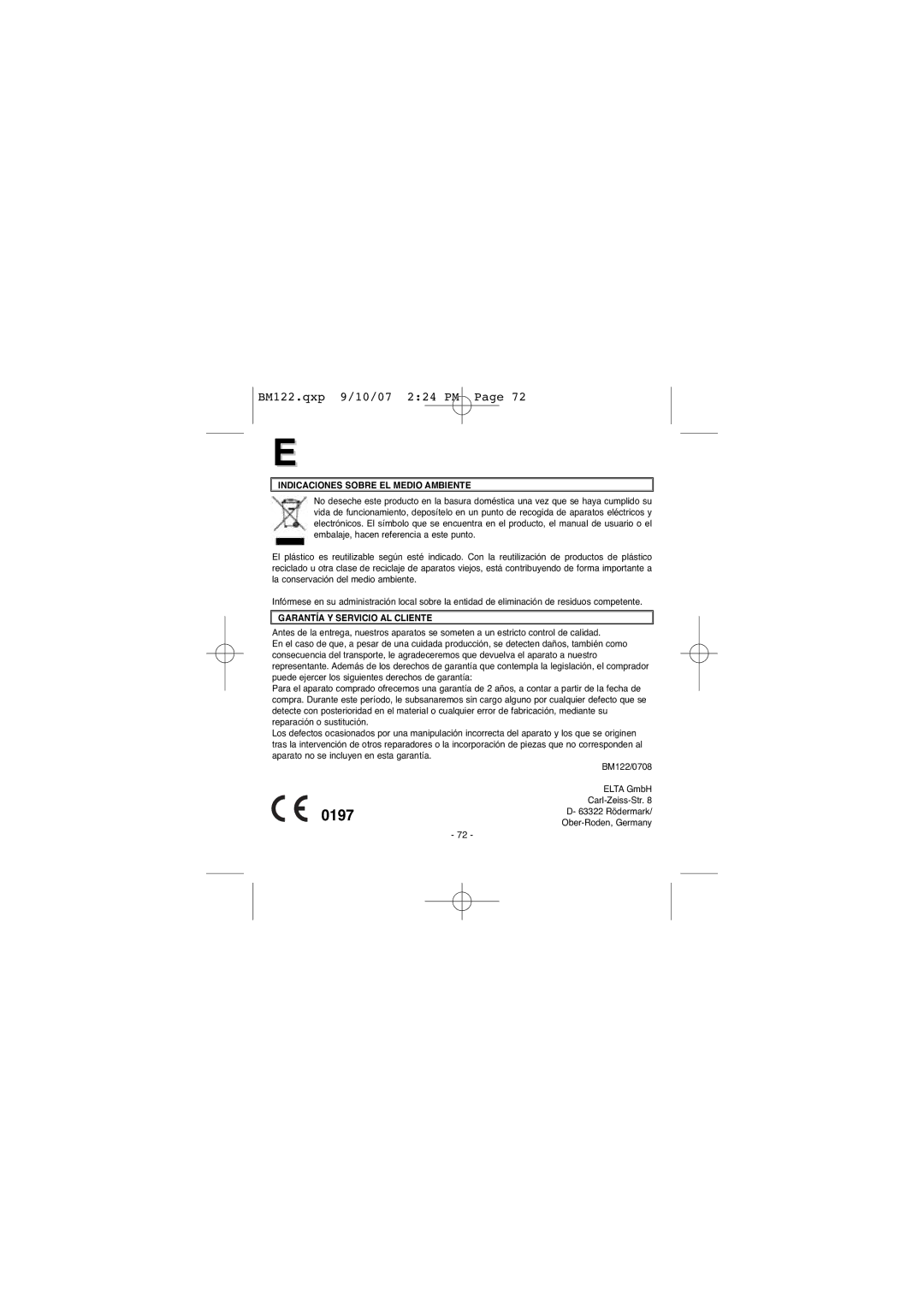 Elta BM122 instruction manual Indicaciones Sobre EL Medio Ambiente, Garantía Y Servicio AL Cliente 