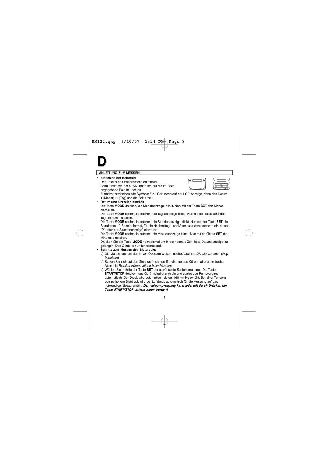 Elta BM122 Anleitung ZUM Messen, Einsetzen der Batterien, Datum und Uhrzeit einstellen, Schritte zum Messen des Blutdrucks 