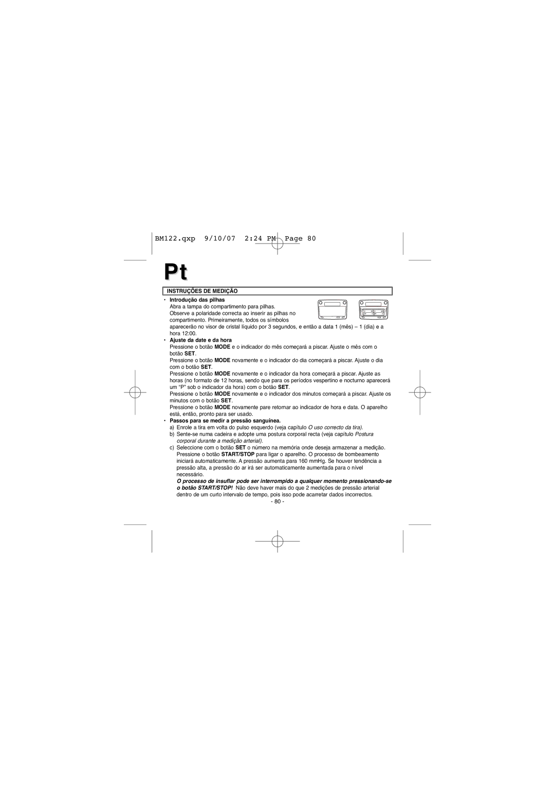 Elta BM122 instruction manual Instruções DE Medição, Introdução das pilhas, Ajuste da date e da hora 