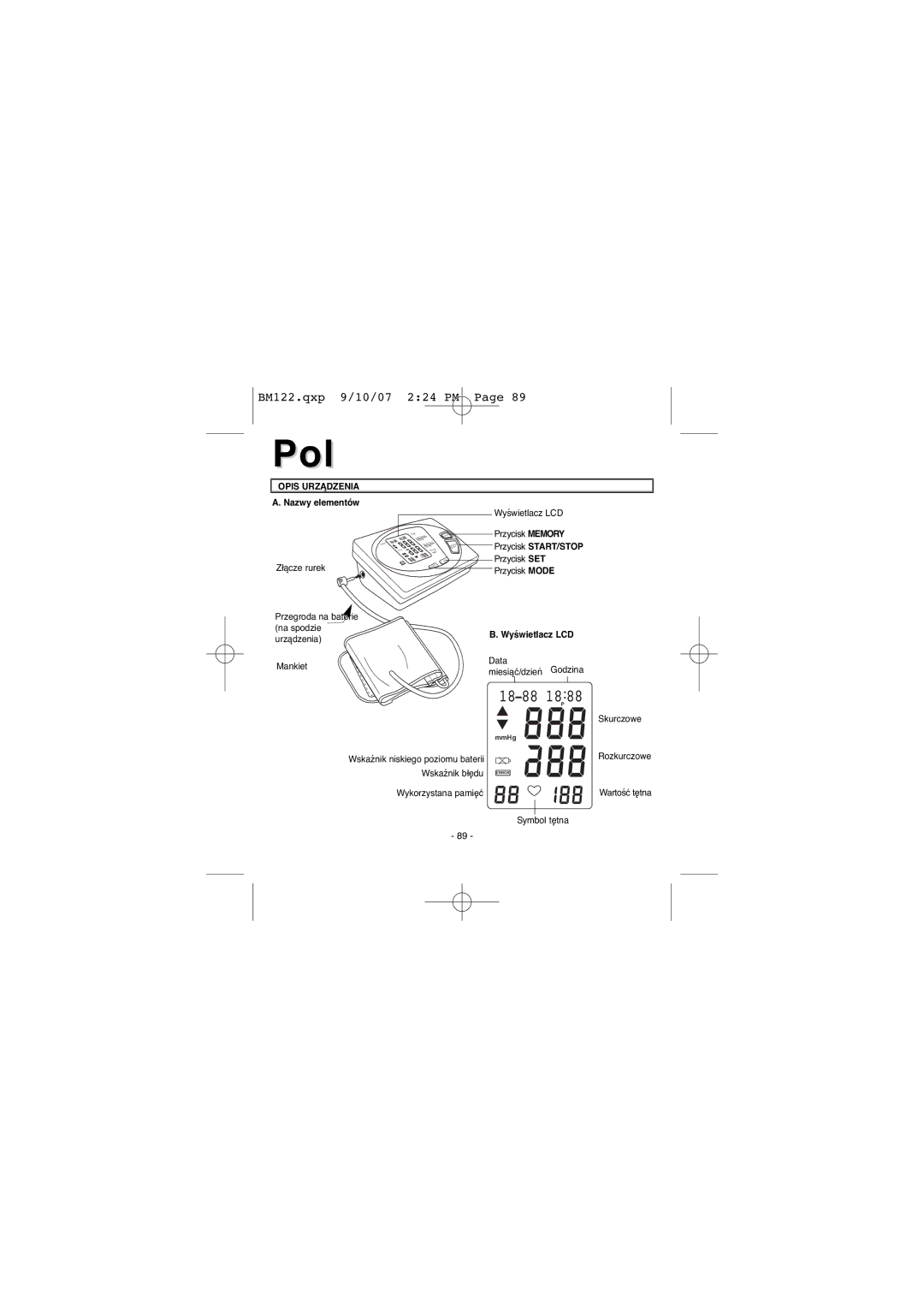 Elta BM122 instruction manual Opis Urządzenia, Nazwy elementów, Przycisk START/STOP, Wyświetlacz LCD 