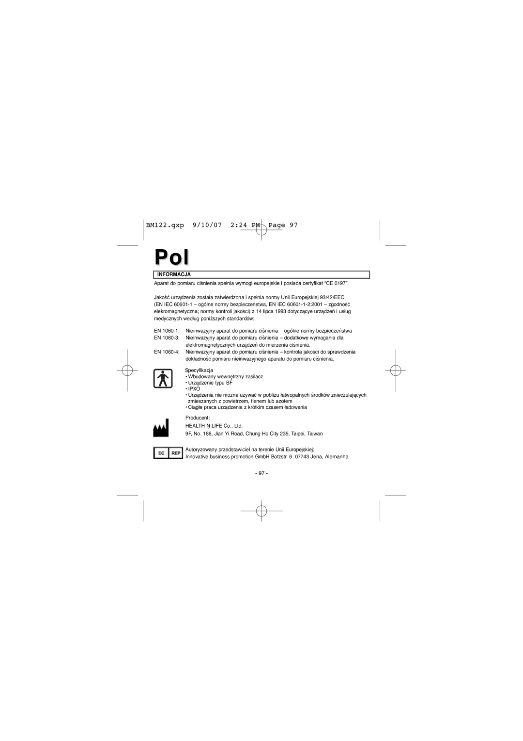 Elta BM122 instruction manual Informacja, Ipxo 