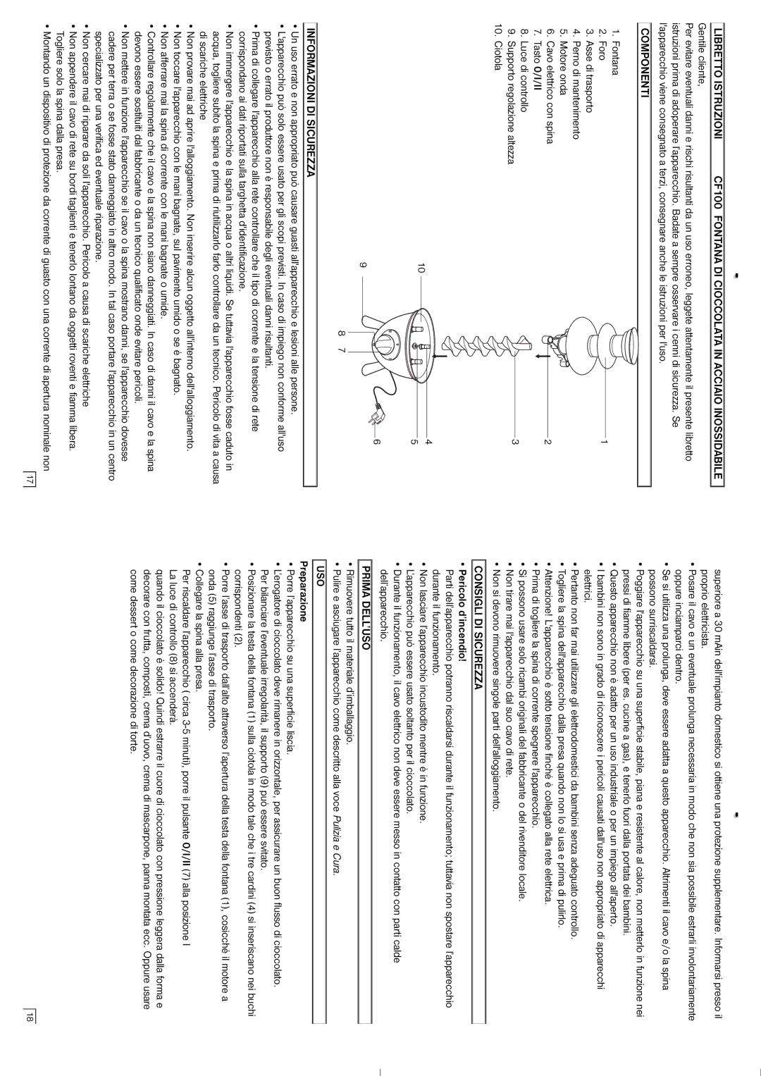 Elta CF100 instruction manual Componenti, Consigli DI Sicurezza, Prima DELL’USO Informazioni DI Sicurezza, Uso 